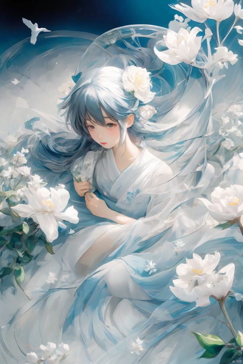  (official art, 8k wallpaper, ultra detailed, High quality, best quality),white flowers ,1girl,from above,bird's-eye_view,vintage filter,among flowers, backlight,limited_palette,white,field s of flowers, cozy anime, niji, watercolor