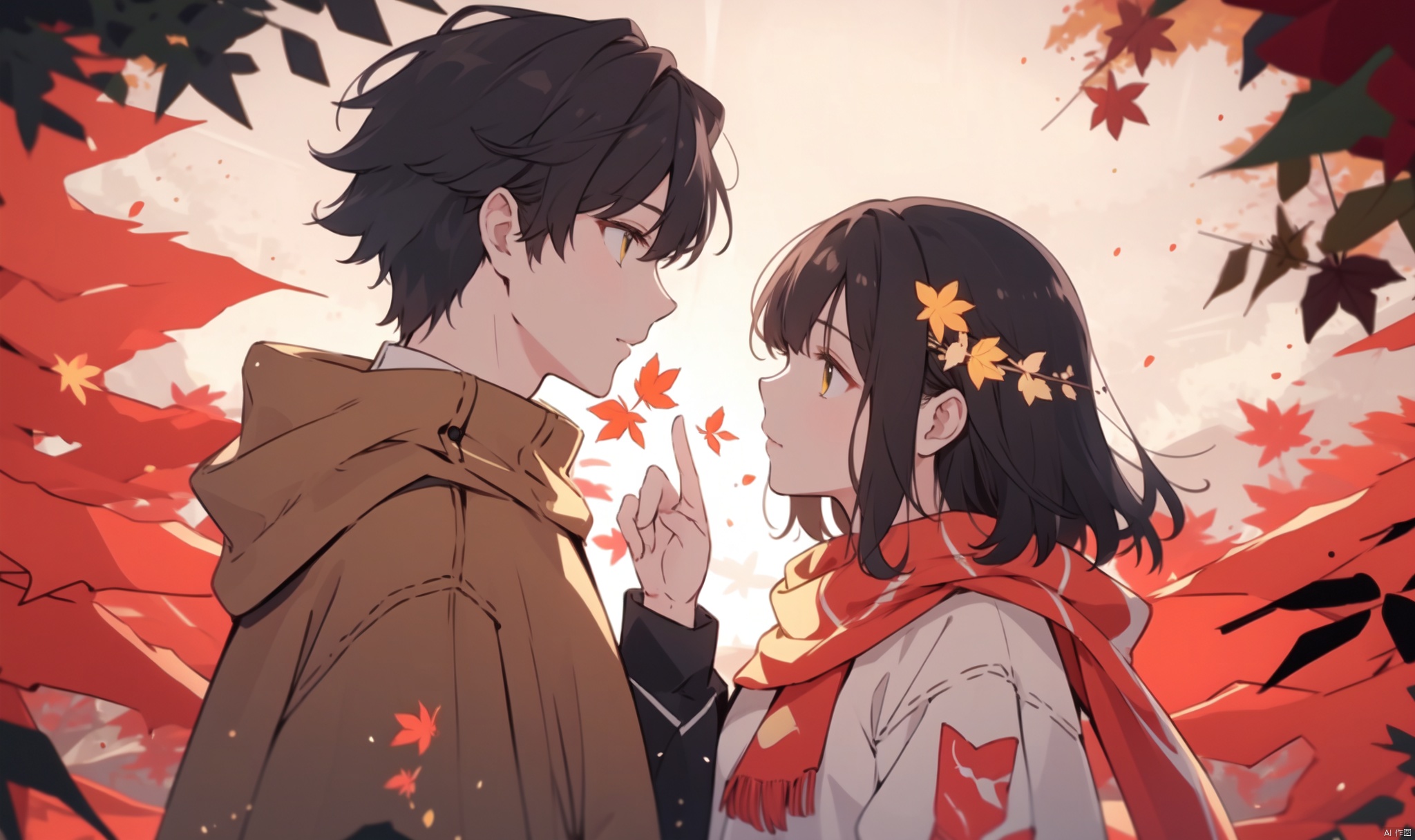 1girl, long hair, bangs, brown hair, black hair, long sleeves, 1boy, closed mouth, upper body, hetero, hand up, scarf, looking at another, from side, coat, profile, leaf, expressionless, wind, light particles, eye contact, height difference, branch, white scarf, autumn leaves, yellow theme, clothes grab