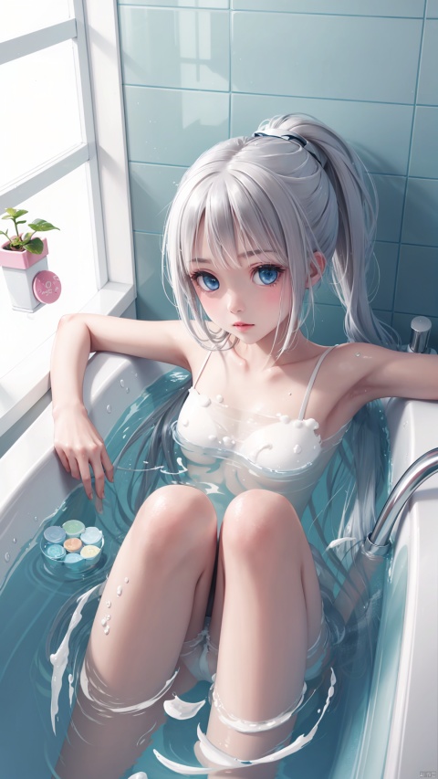  1girl, bathtub, solo, long hair, looking at viewer, window, white hair, bathing, indoors, water, soap bubbles, plant, bathroom, outstretched arms, bubble, bath, towel, blue eyes, ponytail, tiles, soap bottle, bangs, tile wall, potted plant, faucet, partially submerged, wet, blush, from above, parted lips, aqua eyes,