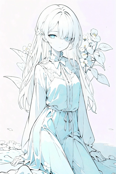  1girl, blue eyes, white long translucent night gown, expressionless, (white hair), hair cover one eye, long hair, blue hair flower, kneeling on lake, blood, (plenty of blue petals:1.35), (white background:1.5), (English text), greyscale, monochrome,greyscale,monochrome,sketch, liuying