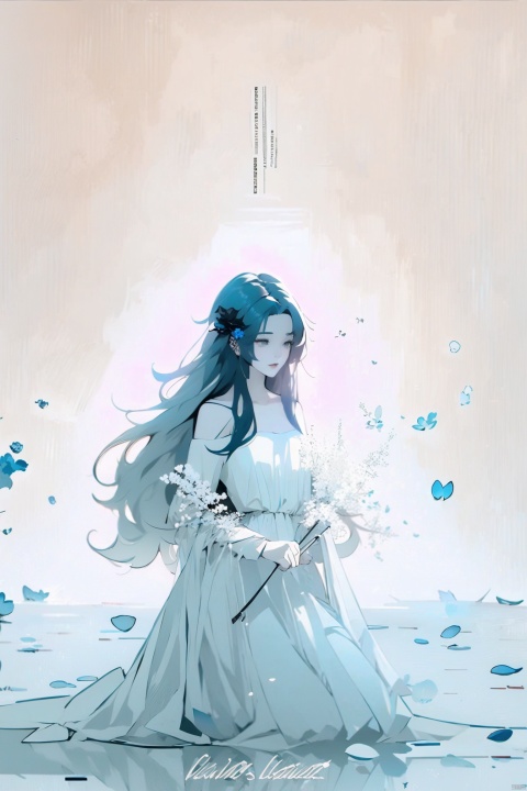  1girl, blue eyes, white long translucent night gown, expressionless, (white hair), hair cover one eye, long hair, blue hair flower, kneeling on lake, blood, (plenty of blue petals:1.35), (white background:1.5), (English text), greyscale, monochrome,greyscale,monochrome,sketch, liuying, meiren-red lips, Diagram