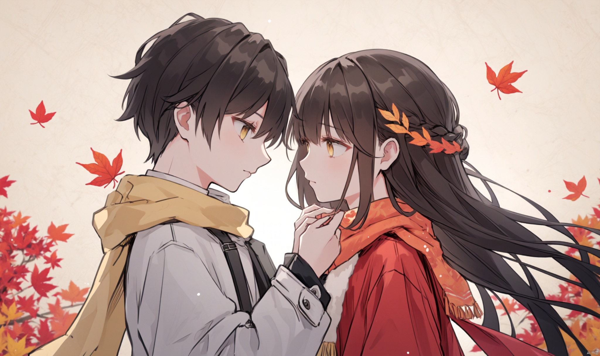1girl, long hair, bangs, brown hair, black hair, long sleeves, 1boy, closed mouth, upper body, hetero, hand up, scarf, looking at another, from side, coat, profile, leaf, expressionless, wind, light particles, eye contact, height difference, branch, white scarf, autumn leaves, yellow theme, clothes grab