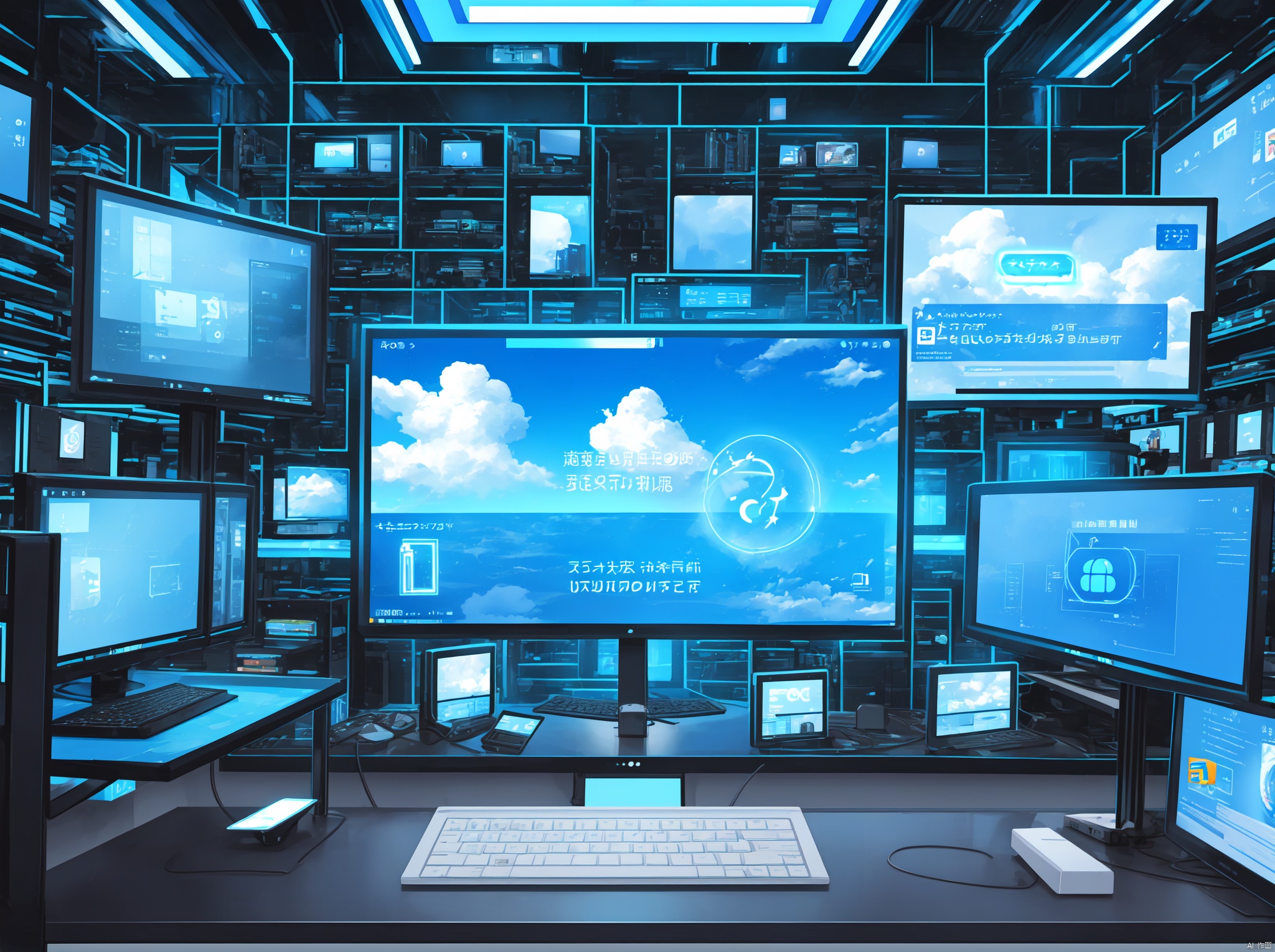 Work in front of the computer, Cloud customer service, Keep the text in mind for risk control security, Text Protection: Customers protect themselves, Transparent smartphone,Work on a computer desktop, Cloud customer service, Keep the text in mind for risk control security, Text Protection: Customers protect themselves, holographic interface, fantasy, Transparent smartphone