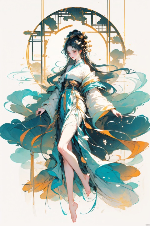  A girl, full-body photo, indoor, Hanfu, long hair fluttering, classical beauty, Chinese style.,Long legs,Show long legs,Golden Hanfu, bright and shining,((white hair)),((Bare legs)),((barefoot)),((Solid color background)),Xiangyun, China Cloud, Ink scattering_Chinese style