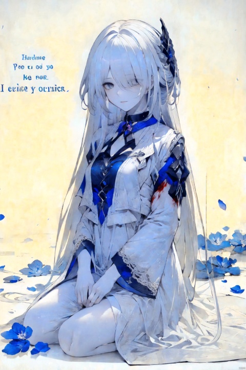  1girl, blue eyes, white long translucent night gown, expressionless, (white hair), hair cover one eye, long hair, blue hair flower, kneeling on lake, blood, (plenty of blue petals:1.35), (white background:1.5), (English text), greyscale, monochrome,greyscale,monochrome,sketch, liuying, meiren-red lips, Diagram