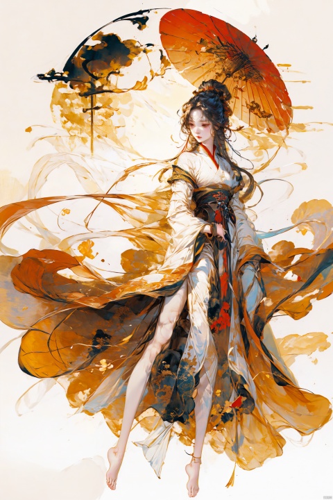  A girl, full-body photo, indoor, Hanfu, long hair fluttering, classical beauty, Chinese style.,Long legs,Show long legs,Golden Hanfu, bright and shining,((white hair)),((Bare legs)),((barefoot)),((Solid color background)),Xiangyun, China Cloud, Ink scattering_Chinese style, Dragon and girl, dan ding he