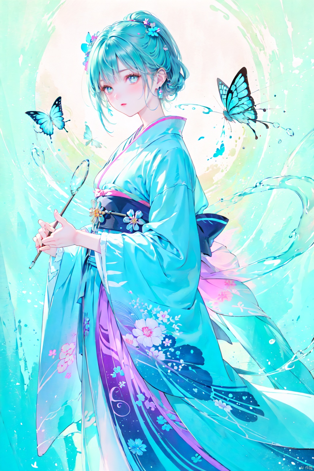  blue butterfly, in a colorful fantasy realism style, realistic color palette, wink and you miss details, japanese style art, fluid and organic shapes, light teal and light red, light reflection