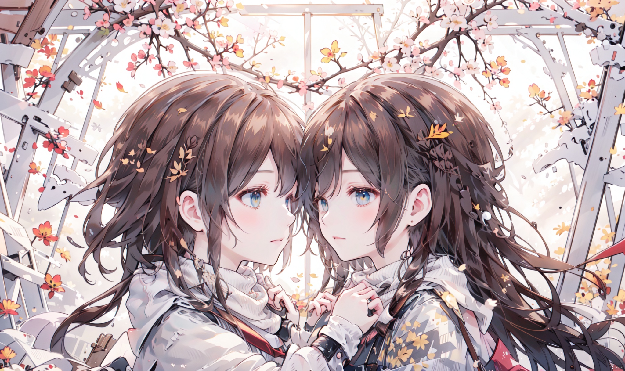 1girl, long hair, bangs, brown hair, black hair, long sleeves, 1boy, closed mouth, upper body, hetero, hand up, scarf, looking at another, coat, profile, leaf, expressionless, wind, light particles, eye contact, height difference, branch, white scarf, autumn leaves, yellow theme, clothes grab, A couple look at each other affectionately, Aesthetic, The seasons change, Winter, Autumn, Spring, Summer, from side