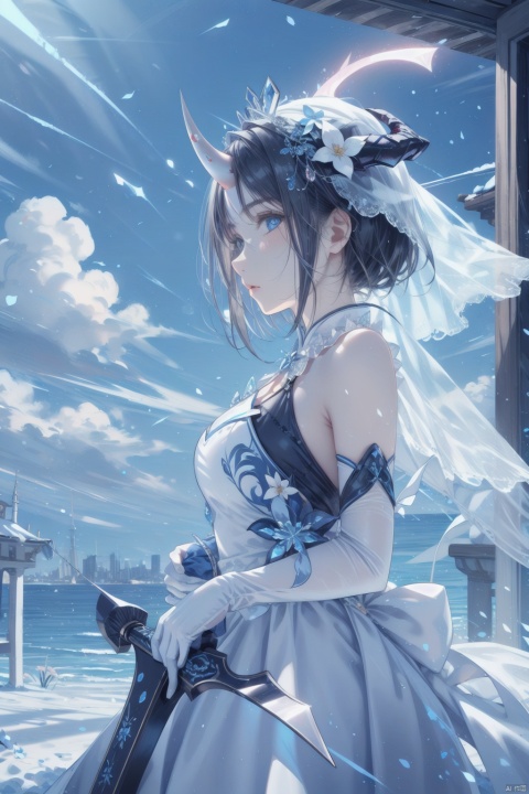  1girl, solo, frankenstein's monster \(fate\), single horn, horns, dress, gloves, blue eyes, mechanical horns, white gloves, short hair, white dress, veil, weapon, elbow gloves, sky, flower, bare shoulders, cloud, holding, hand on own chest, profile, breasts, from side, headgear, hair ornament, holding weapon, looking at viewer, night, cloudy sky, hair flower, electricity, detached sleeves, standing, xxhanfu halo cyber phoenix crown, (\shuang hua\)