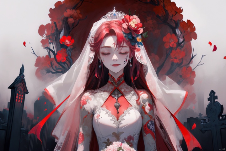  1girl, long hair, solo, veil, flower, closed eyes, dress, smile, wedding dress, hair ornament, petals, dated, ribbon, tears, bouquet, bridal veil, signature, hair flower, red hair, crying, white background, pink hair, upper body,Tombstone, Grave
,(masterpiece, top quality, best quality),horror (theme),
masterpiece,(masterpiece, top quality, best quality, ((no humans)), scenery, red theme, night, Ylvi-Tattoos, horror (theme),Tombstone, Grave, cute girl, ghostdom