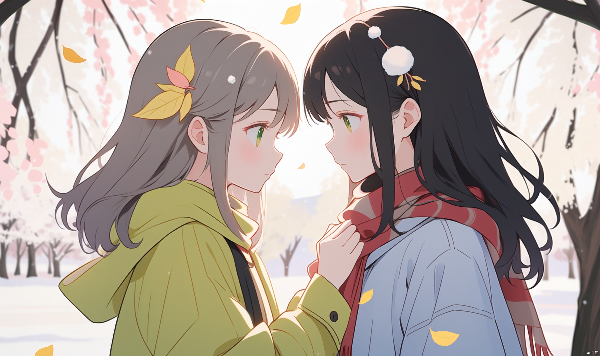 1girl, long hair, bangs, brown hair, black hair, long sleeves, 1boy, closed mouth, upper body, hetero, hand up, scarf, looking at another, coat, profile, leaf, expressionless, wind, light particles, eye contact, height difference, branch, white scarf, autumn leaves, yellow theme, clothes grab, A couple look at each other affectionately, Aesthetic, The seasons change, Winter, Autumn, Spring, Summer, Snow theme, Purple theme, Green theme, It snows, Willow tree, Peach blossom, from side, yinwen,no humans