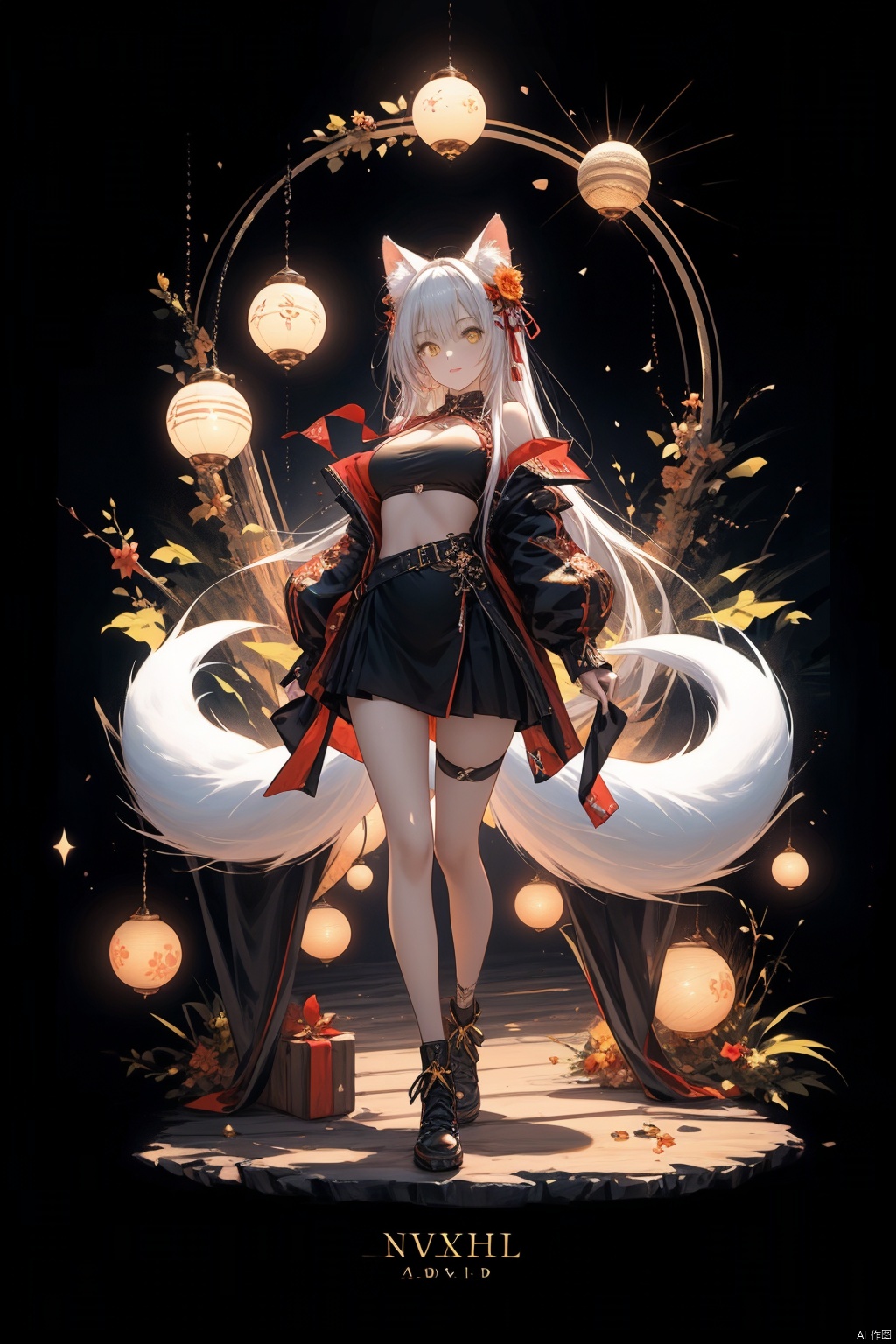  (masterpiece, top quality, best quality, official art, beautiful and aesthetic: 1.2), (1 girl), (full body: 1.3), extreme detailed, (fractal art: 1.3), colorful, break, highest detailed, Red, break, White, break, Yellow, break, Chest, Abdomen, Nine-tailed fox, (whole body: 1.5), WaHaa