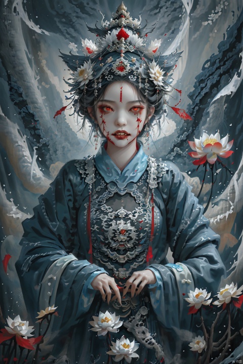  ((masterpiece)),((best quality)),8k,high detailed,ultra-detailed,upper body,((huangfu paper)),1girl,jiangshigirl costume,huangfu,(blood-red eyes)),painted face,with glowing eyes,floats above a field of lotus flowers. The surreal scene blends elements of traditional folklore with a fantastical dreamscape,creating an otherworldly and serene ambiance. ((floating:1.2)),(dreamlike),(lotus field),Unreal Engine rendering,exploring the intersection of dreams and the supernatural, qiuyinong, drakan_longdress_dragon crown_headdress, qzcnhorror, horror (theme)