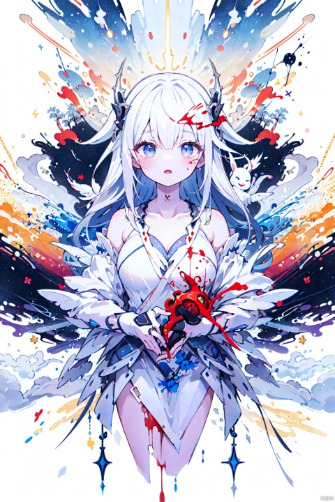  asterpiece, best quality, ultra high res, (extreme detailed), (1 beautiful girl), (abstract art:1.4), bleeding white, visually stunning, beautiful, evocative, emotional, ((white background)), white theme, goddess, cloud, mask, 1 girl