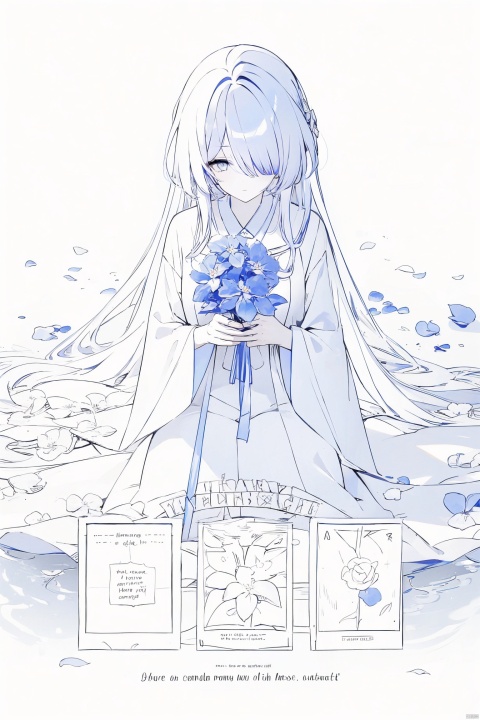  1girl, blue eyes, white long translucent night gown, expressionless, (white hair), hair cover one eye, long hair, blue hair flower, kneeling on lake, blood, (plenty of blue petals:1.35), (white background:1.5), (English text), greyscale, monochrome,greyscale,monochrome,sketch, liuying