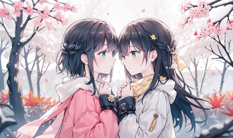 1girl, long hair, bangs, brown hair, black hair, long sleeves, 1boy, closed mouth, upper body, hetero, hand up, scarf, looking at another, coat, profile, leaf, expressionless, wind, light particles, eye contact, height difference, branch, white scarf, autumn leaves, yellow theme, clothes grab, A couple look at each other affectionately, Aesthetic, The seasons change, Winter, Autumn, Spring, Summer, Snow theme, Purple theme, Green theme, It snows, Willow tree, Peach blossom, from side