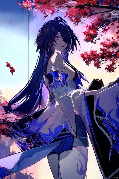 1girl, purple hair, dark purple hair, purple clip on hair, wearing Japanese clothes, Japanese clothes, purple and white Japanese clothes, holding a sword, holding a purple shiny sword, glowing purple sword, Japanese type sword, background charry blossom trees, beautiful pinkish charry blossom trees, dark purple sky, look at the view, lora:more_details:0.5, vibrant colors, masterpiece, sharp focus, best quality, depth of field, cinematic lighting, lora:more_details:0.5,wearing an apron, lora:more_details:0.5, naked and wearing an apron, Ymir Fritz, katana