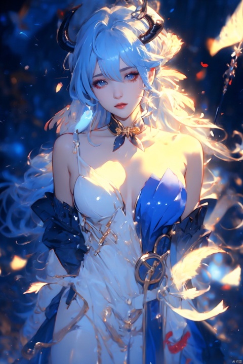  (masterpiece, best quality, best shadow,official art, correct body proportions, Ultra High Definition Picture,master composition),(bust:1.4), (backlight), 
//////
ganyu,1girl,solo,blue hair,ahoge,horns,with a little bell around his neck,detached sleeves, sidelocks,alternate costume,metallic white flower hair accessories,bangs,hair between eyes,bare shoulders,long hair,dress, sexy, plump, 
//////
(dark background), light, 
//////
1girl,cute girl, Metal_wing, masterpiece, ganyu, tattoo on stomach,halo