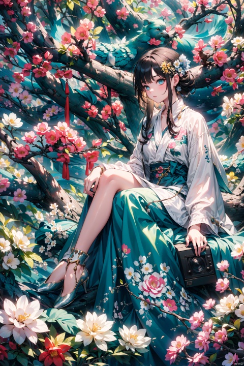  A young girl sitting on a large speaker, listening to music intently. Surrounded by multiple speakers of different sizes, forming a unique musical space. The background is a sea of blooming flowers, with branches appearing in the midst of the flowers, adding a touch of nature to the entire scene. High-definition image, high-quality photo, trending on Unsplash, Intricate details, Sharp focus, dramatic lighting, photorealistic painting art by Gregory Crewdson and Alicia Vikander., 1girl,police