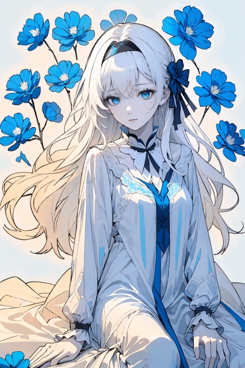  1girl, blue eyes, white long translucent night gown, expressionless, (white hair), hair cover one eye, long hair, blue hair flower, kneeling on lake, blood, (plenty of blue petals:1.35), (white background:1.5), (English text), greyscale, monochrome,greyscale,monochrome,sketch, liuying, meiren-red lips, Diagram