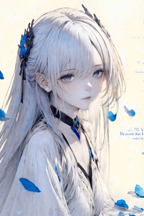  1girl, blue eyes, white long translucent night gown, expressionless, (white hair), hair cover one eye, long hair, blue hair flower, kneeling on lake, blood, (plenty of blue petals:1.35), (white background:1.5), (English text), greyscale, monochrome,greyscale,monochrome,sketch, liuying, meiren-red lips, Diagram