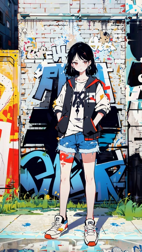  best quality,masterpiece,illustration,earrings,,hand in pocket,Denim shorts,an extremely delicate and beautiful,extremely detailed,CG,unity,8k,wallpaper,Amazing,finely detail,1 girl, solo, street, graffiti, white short sleeved, denim jacket, denim shorts, sneakers, spray painting,graffiti on the wall, hip-hop, street culture, jtc