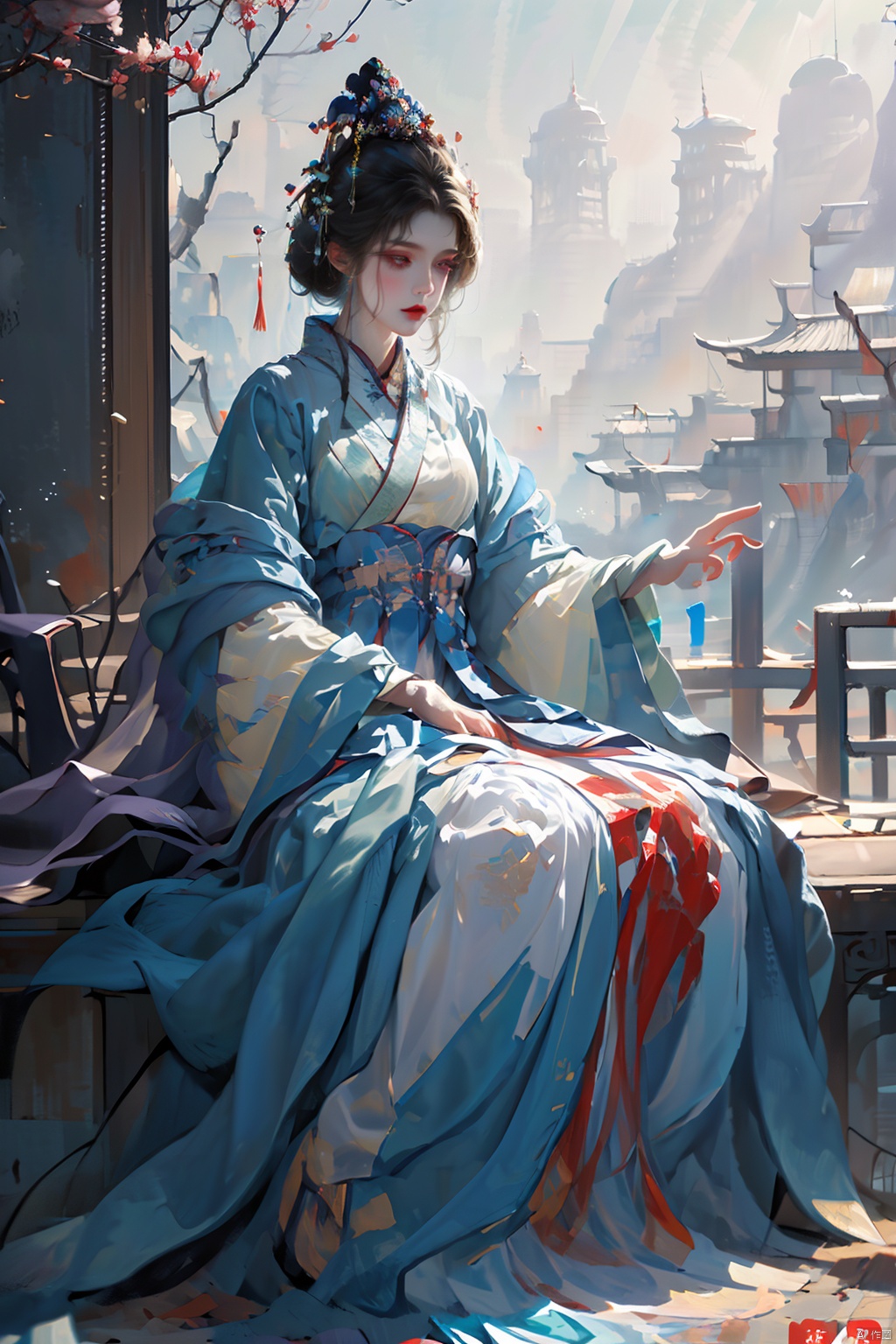  a woman in a purple dress with a flower crown on her head, guweiz, ((a beautiful fantasy empress)), artwork in the style of guweiz, beautiful anime portrait, palace , a girl in hanfu, digital anime illustration, beautiful anime style, a beautiful fantasy empress, anime illustration, anime fantasy illustration, beautiful character painting, trending on artstration, Add details, zgct color, horror (theme)