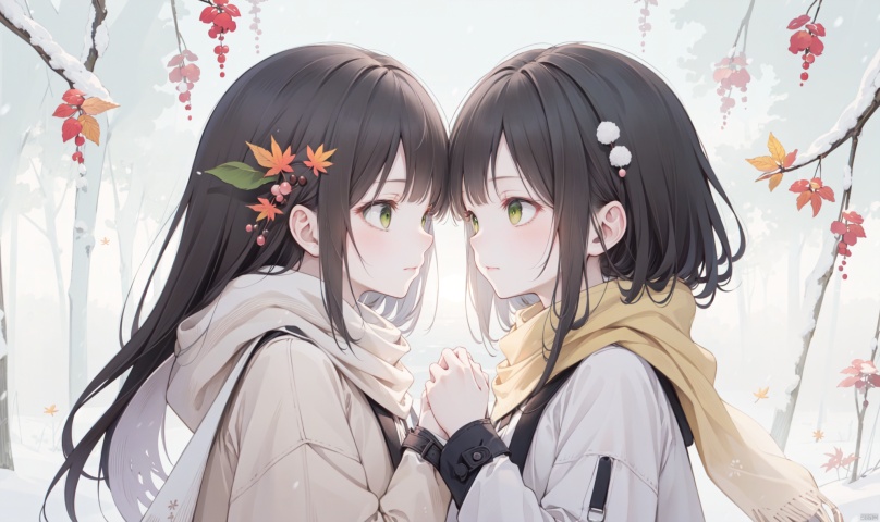 1girl, long hair, bangs, brown hair, black hair, long sleeves, 1boy, closed mouth, upper body, hetero, hand up, scarf, looking at another, coat, profile, leaf, expressionless, wind, light particles, eye contact, height difference, branch, white scarf, autumn leaves, yellow theme, clothes grab, A couple look at each other affectionately, Aesthetic, The seasons change, Winter, Autumn, Spring, Summer, Snow theme, Purple theme, Green theme, It snows, Willow tree, Peach blossom, from side, yinwen,no humans