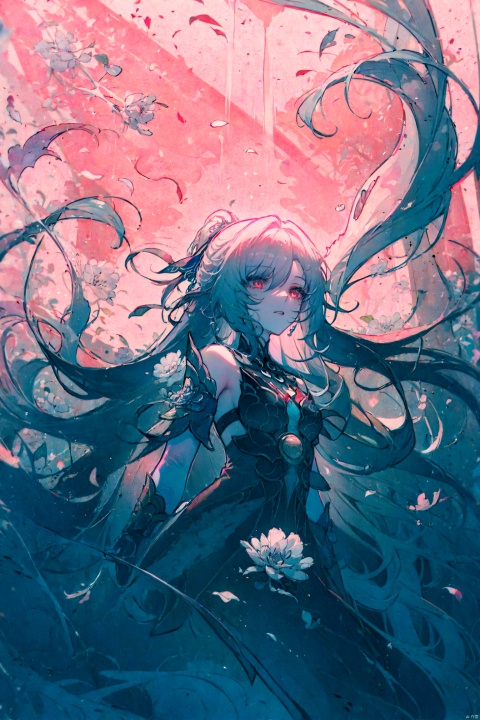  1girl, long hair, flower, Lisianthus, in the style of red and light azure, dreamy and romantic compositions, red, ethereal foliage, playful arrangements, fantasy, high contrast, ink strokes, explosions, over exposure, purple and red tone impression, abstract, whole body capture, ,
, 1girl, liuying, jingliu (honkai: star rail)