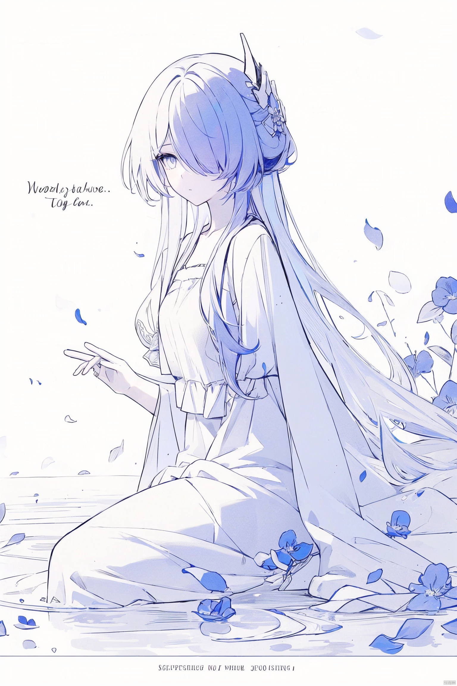  1girl, blue eyes, white long translucent night gown, expressionless, (white hair), hair cover one eye, long hair, blue hair flower, kneeling on lake, blood, (plenty of blue petals:1.35), (white background:1.5), (English text), greyscale, monochrome,greyscale,monochrome,sketch, liuying