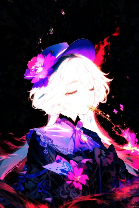  best quality, amazing quality, very aesthetic, absurdres, 1girl,rubbing eyes, happy tears,one eye closed,furina,headwear,solo,flames,liquid,flower,background,colorful, looking at viewer,lace-trimmed.