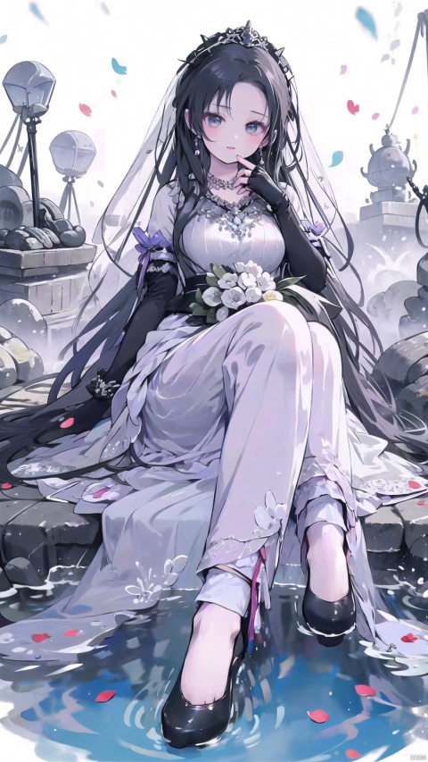  zukong,foot focus,foot up, (beautiful, best quality, high quality, masterpiece:1.3) ,
(full_body:1.2),solo, solo focus,hidden hands,
(nsfw:0.5),huge breasts,Oval face, Water snake waist,big eye,Big wave hairstyle,
Black lolita gothic, Black bridal veil,Black bridal gauntlets,(fingerless gloves),bouquet, Crystal earrings, Crystal necklace, Black wedding headdress,
(no background),18yo girl, liuyifei, zukong