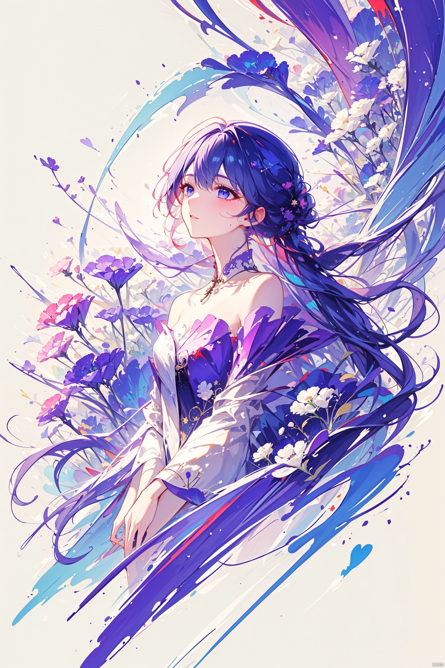  1girl, long hair, flower, Lisianthus, in the style of red and light azure, dreamy and romantic compositions, red, ethereal foliage, playful arrangements, fantasy, high contrast, ink strokes, explosions, over exposure, purple and red tone impression, abstract, whole body capture, ,
, 1girl, liuying, jingliu (honkai: star rail), magazine covers, official, robinSR,solo