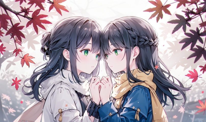 1girl, long hair, bangs, brown hair, black hair, long sleeves, 1boy, closed mouth, upper body, hetero, hand up, scarf, looking at another, coat, profile, leaf, expressionless, wind, light particles, eye contact, height difference, branch, white scarf, autumn leaves, yellow theme, clothes grab, A couple look at each other affectionately, Aesthetic, The seasons change, Winter, Autumn, Spring, Summer, Snow theme, Purple theme, Green theme, from side