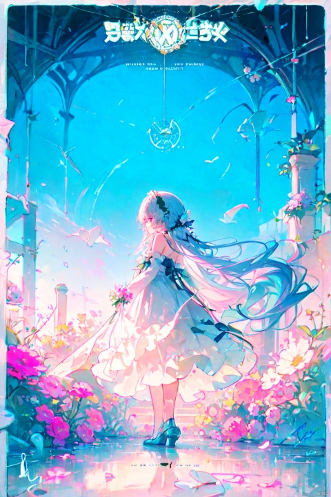  best quality, masterpiece, illustration, (reflection light), incredibly absurdres, (Movie Poster), (signature:1.3), (English text:1.3), 1girl, girl middle of flower, pure skyblue hair, red eyes, clear sky, outside, collarbone, loli, sitting, absurdly long hair, clear boundaries of the cloth, white dress, fantastic scenery, ground of flowers, thousand of flowers, colorful flowers, flowers around her, various flowers,
, liuying