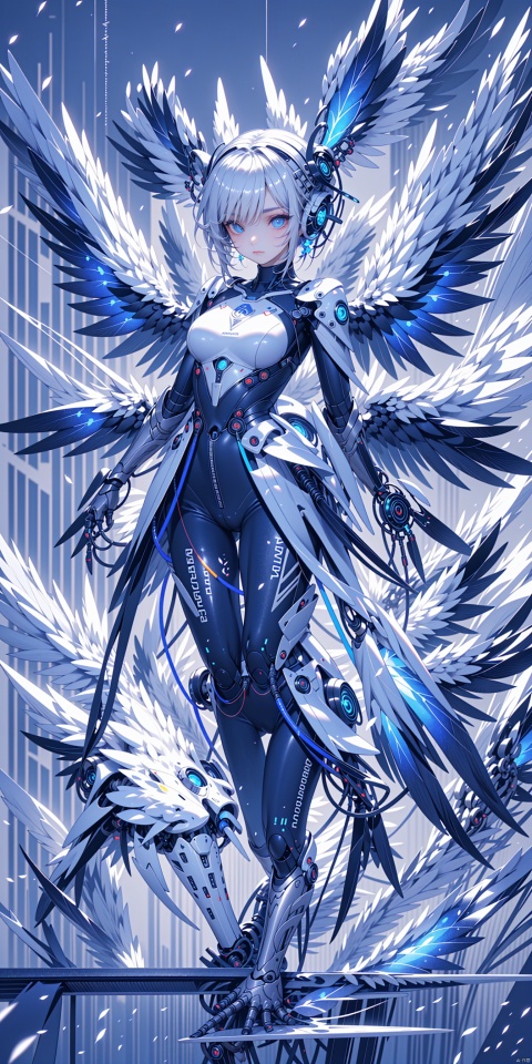  robot girl, 1girl, solo, wings,mecha musume, mechanical wings, white hair, full body, looking at viewer, heterochromia, science fiction,breasts, blue eyes, robot joints, bodysuit, joints, feathered wings, medium breasts, closed mouth, white background, standing, android,,,<lora:660447313082219790:1.0>