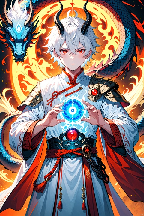  Solo, looking at the audience, red eyes, 1boy, white hair, male focus, horns, armor, glow, laser, nft, third eye, robe, reality, fantasy, Chinese dragon, (masterpiece) best quality, correct dissection, perfect hands