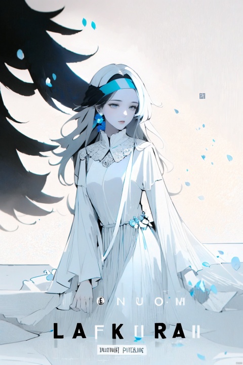  1girl, blue eyes, white long translucent night gown, expressionless, (white hair), hair cover one eye, long hair, blue hair flower, kneeling on lake, blood, (plenty of blue petals:1.35), (white background:1.5), (English text), greyscale, monochrome,greyscale,monochrome,sketch, liuying, meiren-red lips, Diagram