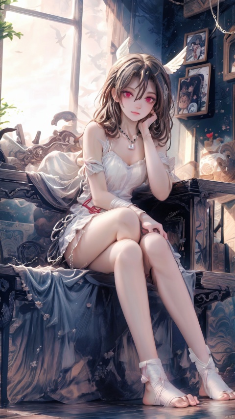  1girl, solo, wings, blood, long hair, sitting, chain, red eyes, blood on hands, feathered wings, barefoot, blood on face, blood from eyes, dress, long sleeves, cuffs, feathers, frills, looking at viewer, very long hair, white wings, bandages, shackles, bangs,,, 1 girl, Detail