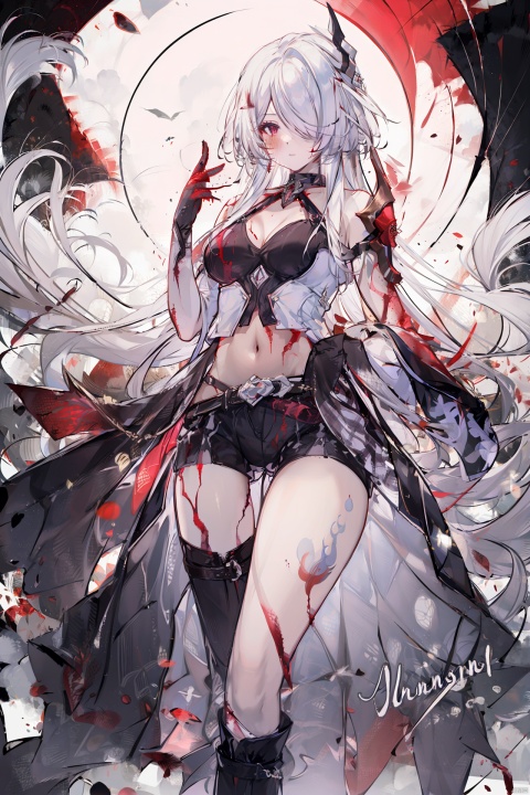  masterpiece, best quality,1girl, alternate costume, solo, bag, looking at viewer, blush, plaid, charm (object), bag charm, bangs, contemporary, sidelocks, jewelry, character name, female woman, white background, 
\\\\\\\\\\\,
(whuangquan:1.2),white hair,asymmetrical clothes,(bloody hand,red hand:1.35) eyes,long hair,hair over one eye,shorts,
, skirt_lift, tattoo on stomach, spread leg