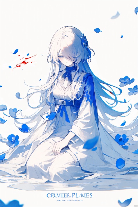  1girl, blue eyes, white long translucent night gown, expressionless, (white hair), hair cover one eye, long hair, blue hair flower, kneeling on lake, blood, (plenty of blue petals:1.35), (white background:1.5), (English text), greyscale, monochrome,greyscale,monochrome,sketch, liuying