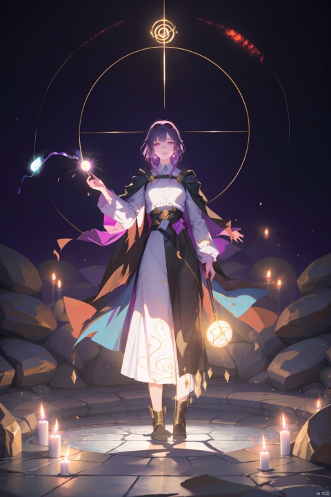  1 girl, sorceress apprentice, casting a powerful spell, wand in hand, glowing runes encircling her, cape fluttering in the magical breeze, standing in a mystic circle, surrounded by swirling potions and bubbling cauldrons, ancient tomes open nearby, eyes focused and determined, hint of mischief in her smile, purple aura shimmering around her, magical energy crackling in the air, mysterious symbols carved into the stone floor, dimly lit chamber with candles flickering, creating a dramatic and enchanting atmosphere.
, robinSR, 1girl
