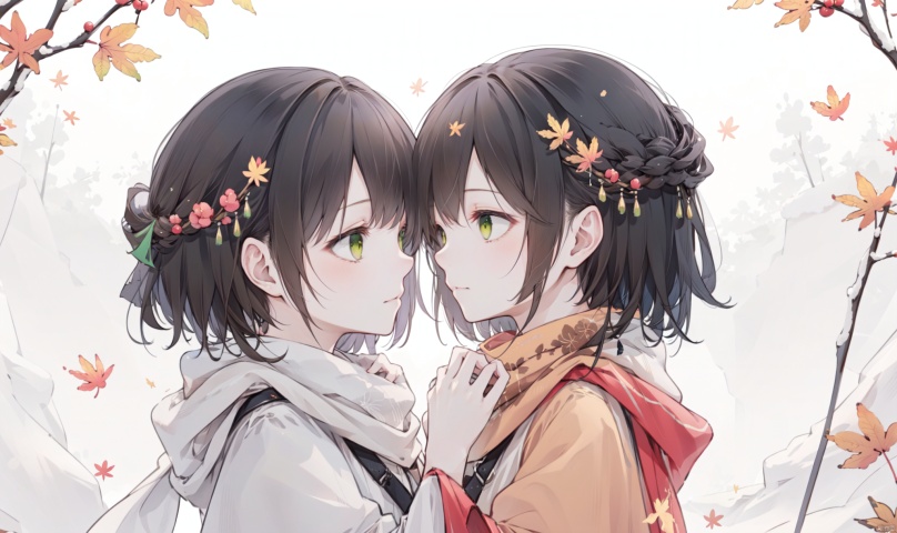 1girl, long hair, bangs, brown hair, black hair, long sleeves, 1boy, closed mouth, upper body, hetero, hand up, scarf, looking at another, coat, profile, leaf, expressionless, wind, light particles, eye contact, height difference, branch, white scarf, autumn leaves, yellow theme, clothes grab, A couple look at each other affectionately, Aesthetic, The seasons change, Winter, Autumn, Spring, Summer, Snow theme, Purple theme, Green theme, It snows, Willow tree, Peach blossom, from side, yinwen,no humans