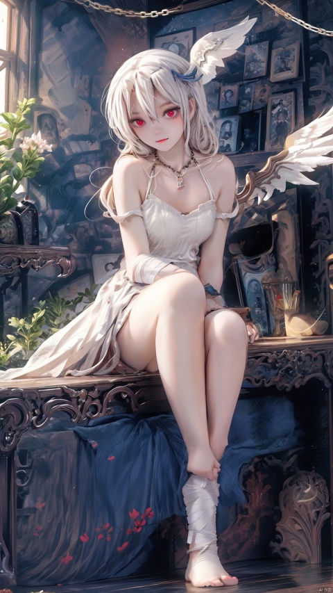  1girl, solo, wings, blood, long hair, sitting, chain, red eyes, blood on hands, feathered wings, barefoot, blood on face, blood from eyes, dress, long sleeves, cuffs, feathers, frills, looking at viewer, very long hair, white wings, bandages, shackles, bangs,,, 1 girl, Detail