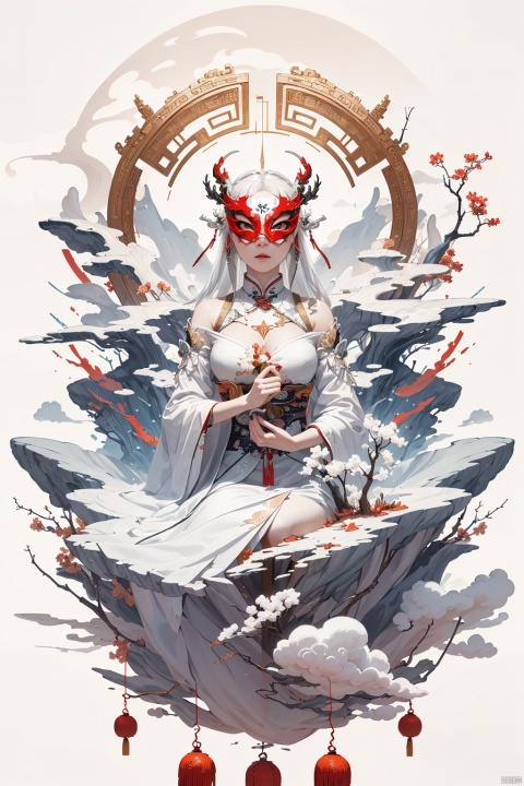  asterpiece, best quality, ultra high res, (extreme detailed), (1 beautiful girl), (abstract art:1.4), bleeding white, visually stunning, beautiful, evocative, emotional, ((white background)), white theme, goddess, cloud, mask, 1 girl, Chinese style