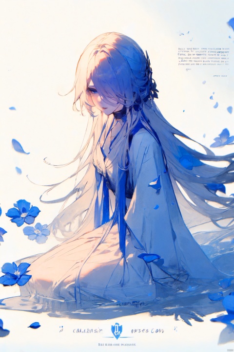  1girl, blue eyes, white long translucent night gown, expressionless, (white hair), hair cover one eye, long hair, blue hair flower, kneeling on lake, blood, (plenty of blue petals:1.35), (white background:1.5), (English text), greyscale, monochrome,greyscale,monochrome,sketch, liuying, meiren-red lips, Diagram