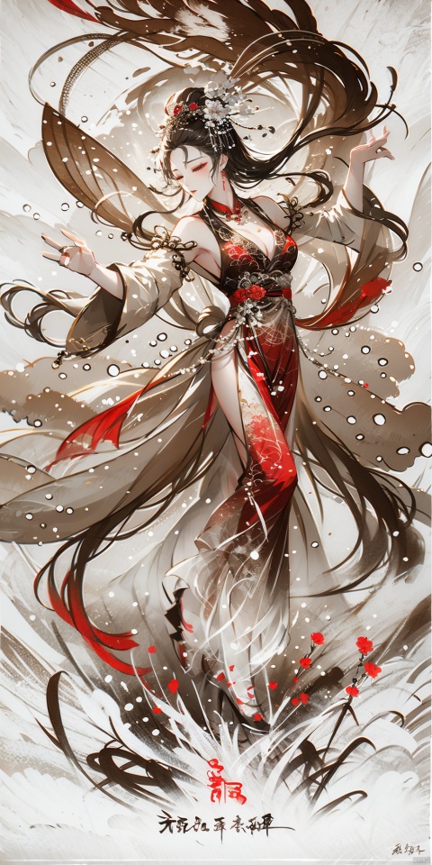  A girl with long black hair, Hanfu, medium breasts,.wunv, Breasts,Exquisite makeup, eyes closed, long flowing hair,full body,dancing, Ink scattering_Chinese style, xianjing hanfu crane, xianjing crane hanfu cloud branch flower