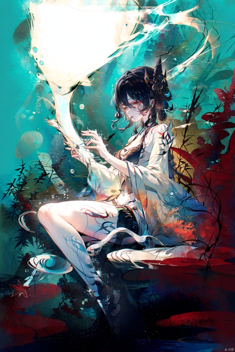  Girl with tentacles instead of legs, swimming in the ocean, surrounded by marine life and coral reefs, curious expression, underwater bioluminescence, mysterious and alien-like.Long legs, sit,