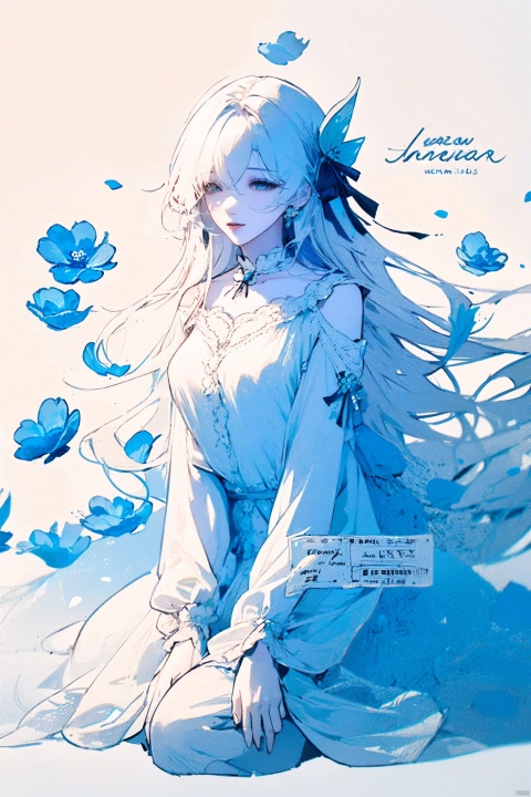  1girl, blue eyes, white long translucent night gown, expressionless, (white hair), hair cover one eye, long hair, blue hair flower, kneeling on lake, blood, (plenty of blue petals:1.35), (white background:1.5), (English text), greyscale, monochrome,greyscale,monochrome,sketch, liuying, meiren-red lips, Diagram