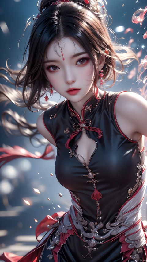  1girl, Short hair, floating hair, perfect, Earrings,energy,glowing,diffractionspikes,ejaculation,electricity,cheongsam,magic,tarrysky, forehead mark, (\shuang hua\), bsx